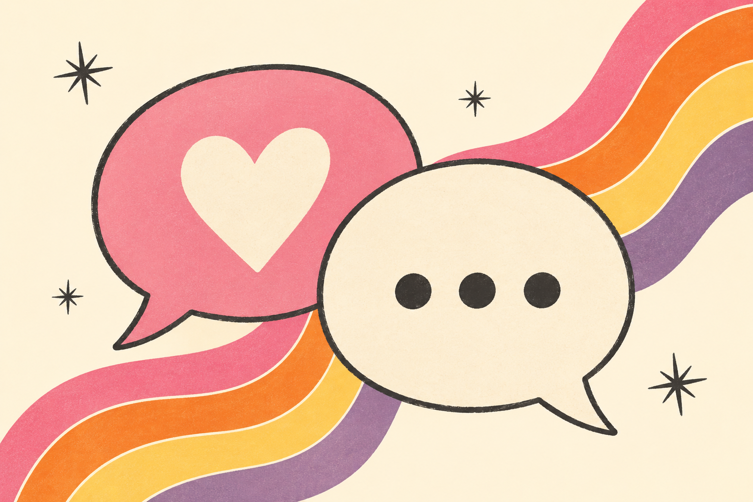 Two overlapping speech bubbles, one with a heart and one with an ellipsis, surrounded by colourful ribbons.